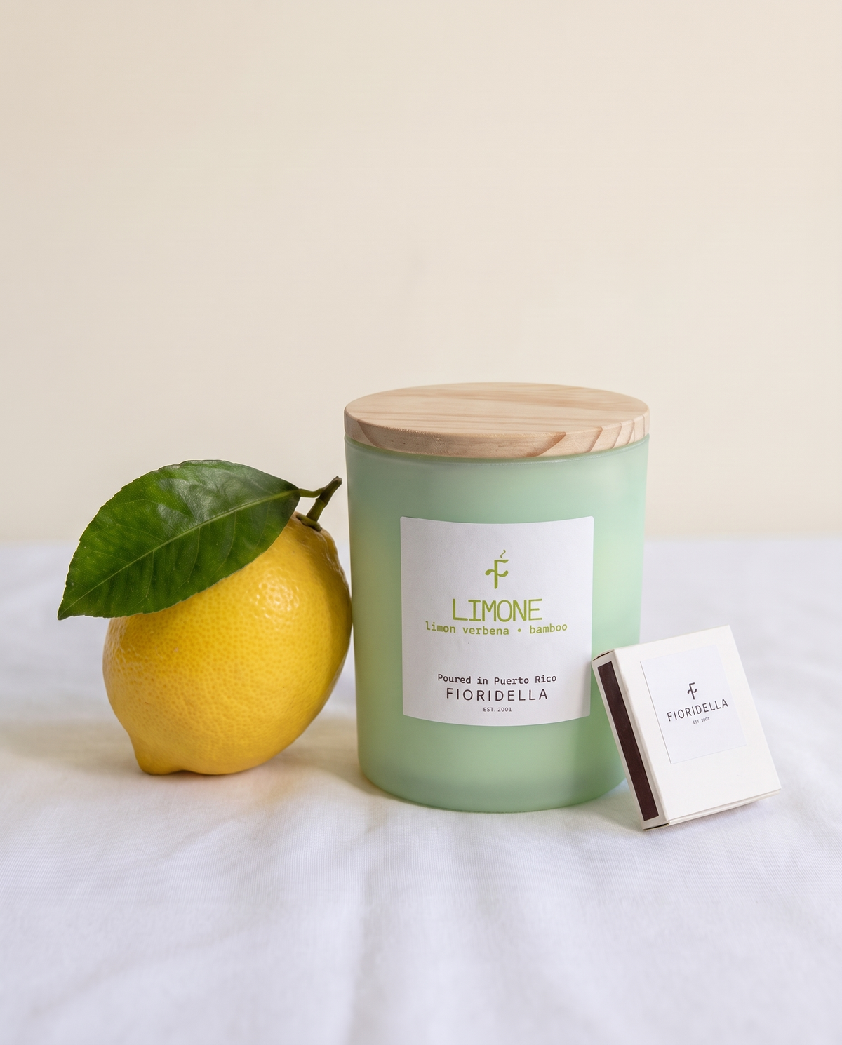 Sole di Limone soy candle in a frosted glass jar, lemon, lime verbena and eucalyptus