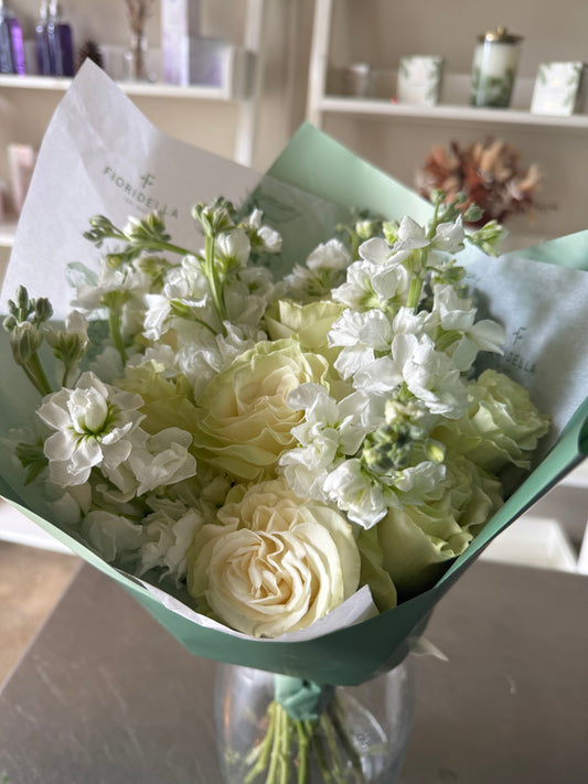 Bouquet of all white blooms, hand-wrapped