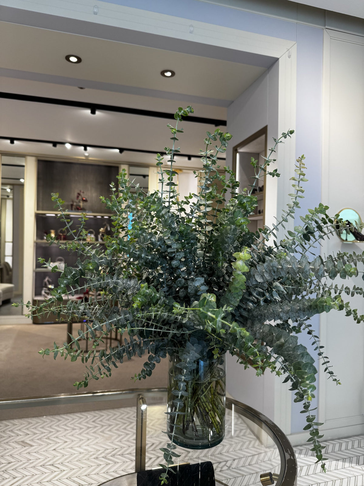 Eucalyptus arrangement of loose blue-green branches in a clear glass cylinder vase