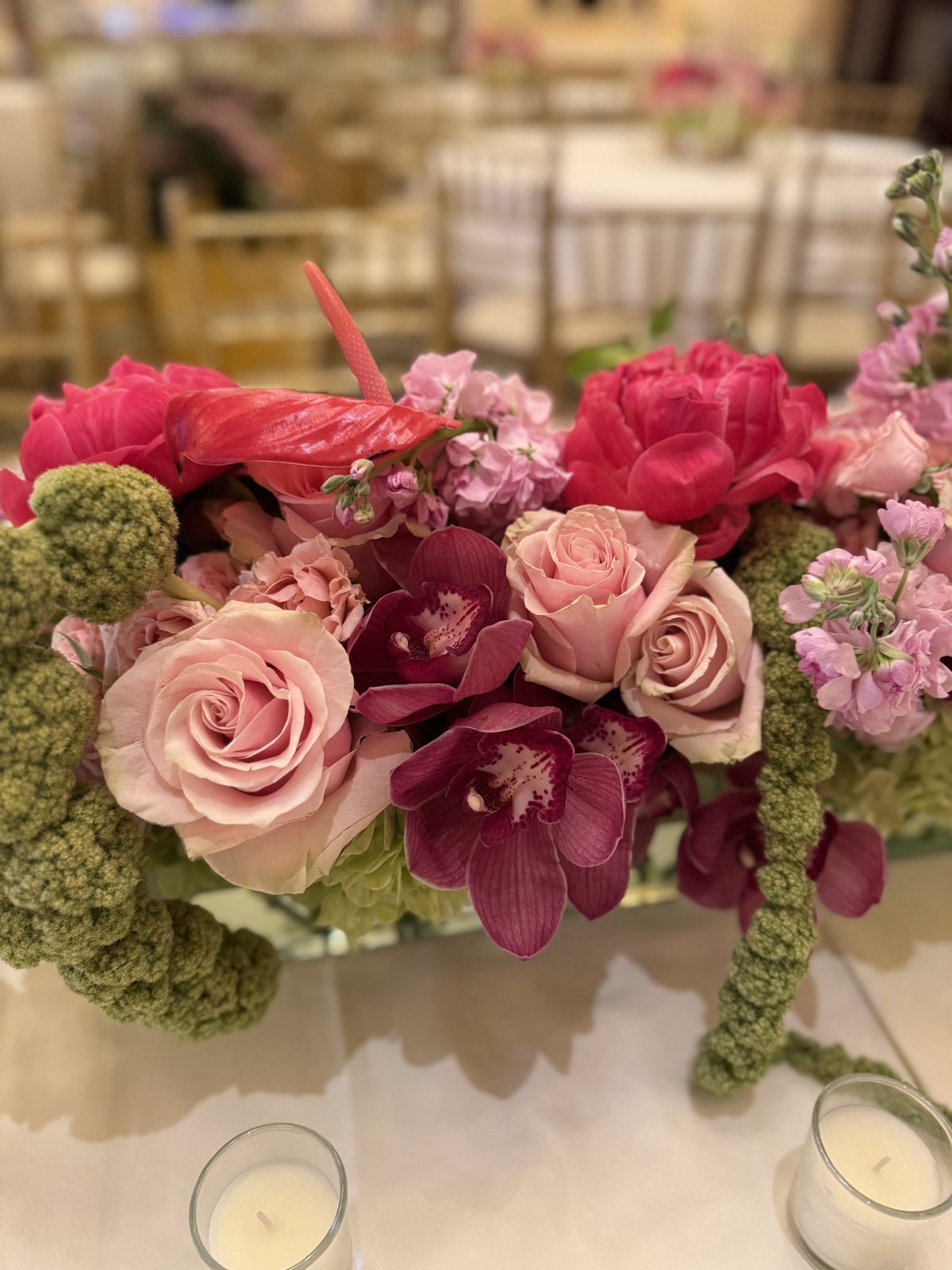 Close-up of pink roses, burgundy cymbidium and coral peonies