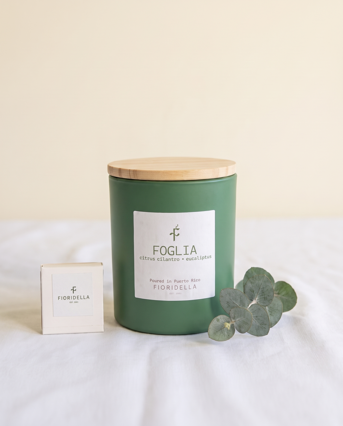 Foglia soy candle in a frosted glass jar, eucalyptus, mint and rosemary