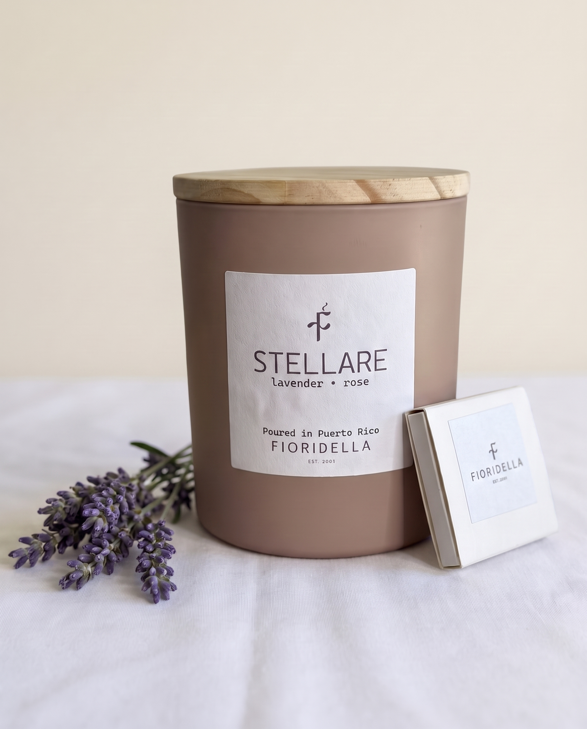 Stellare soy candle in a frosted glass jar, lavender scent