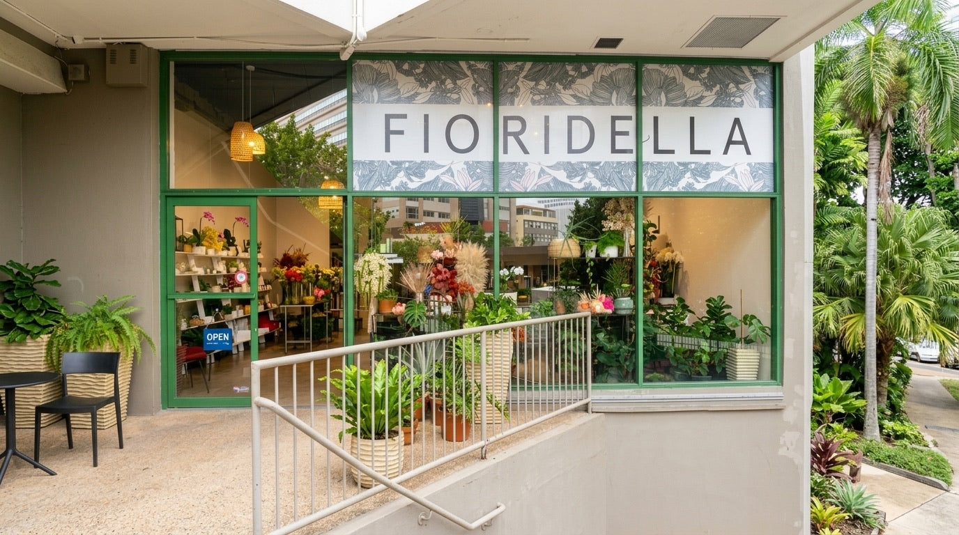 The Fioridella storefront in Miramar, with green window frames and plants inside and out